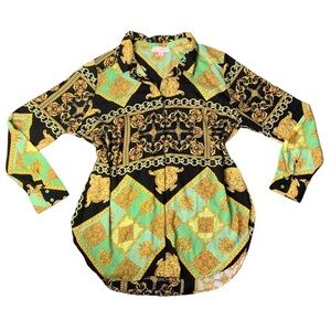 Timing Baroque Print Pattern Button Down Blouse long Sleeves 1X